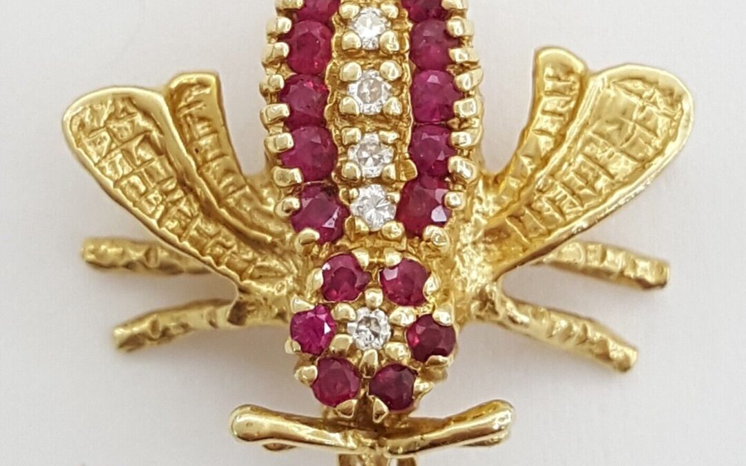 Vintage 14K Yellow Gold Diamond & Ruby Insect Pin Brooch 0.38 ct