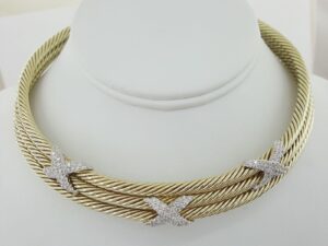 14K Gold Triple Cable Choker "X" Diamond Necklace 1.9ct 87 Grams “David Yurman”