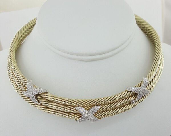 14K Gold Triple Cable Choker "X" Diamond Necklace 1.9ct 87 Grams “David Yurman”