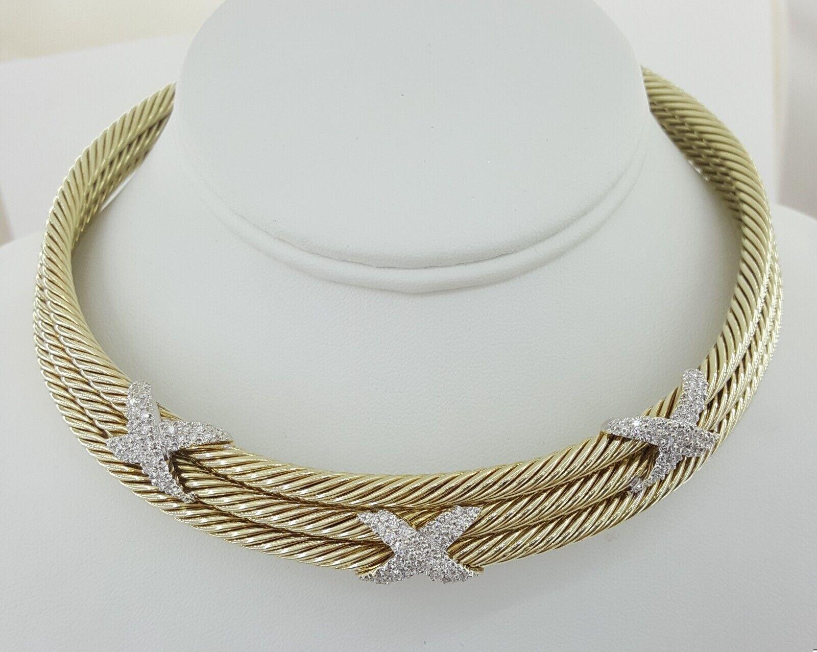 14K Gold Triple Cable Choker "X" Diamond Necklace 1.9ct 87 Grams “David Yurman”