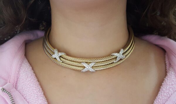 14K Gold Triple Cable Choker "X" Diamond Necklace 1.9ct 87 Grams “David Yurman”