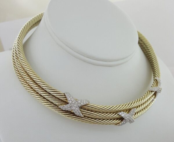 14K Gold Triple Cable Choker "X" Diamond Necklace 1.9ct 87 Grams “David Yurman”