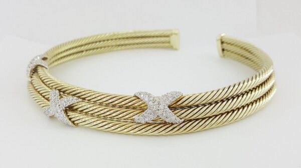 14K Gold Triple Cable Choker "X" Diamond Necklace 1.9ct 87 Grams “David Yurman”