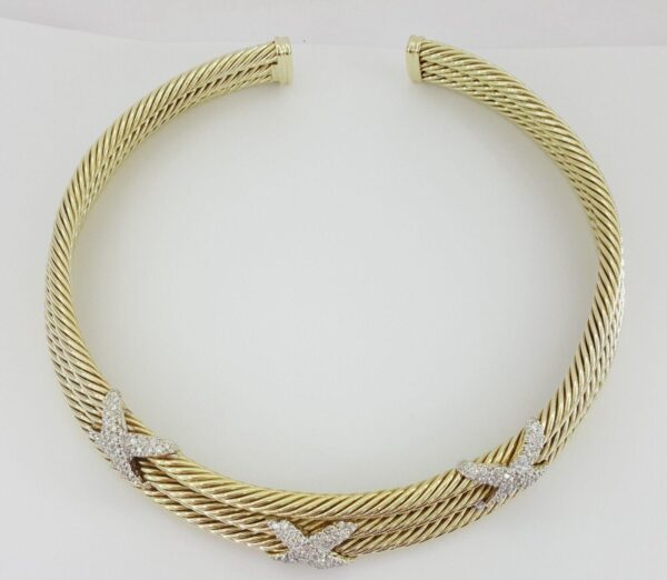 14K Gold Triple Cable Choker "X" Diamond Necklace 1.9ct 87 Grams “David Yurman”