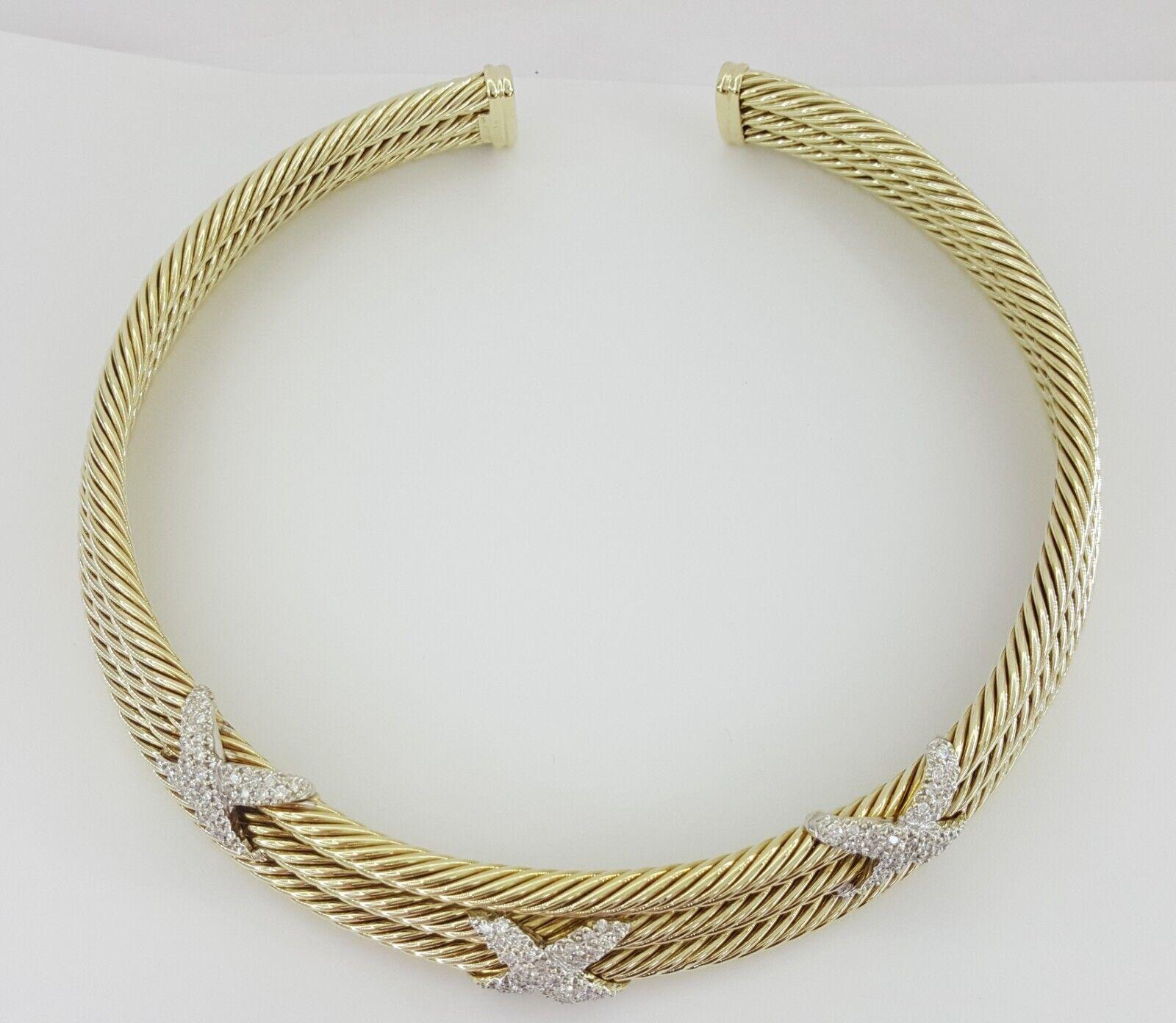 14K Gold Triple Cable Choker "X" Diamond Necklace 1.9ct 87 Grams “David Yurman”