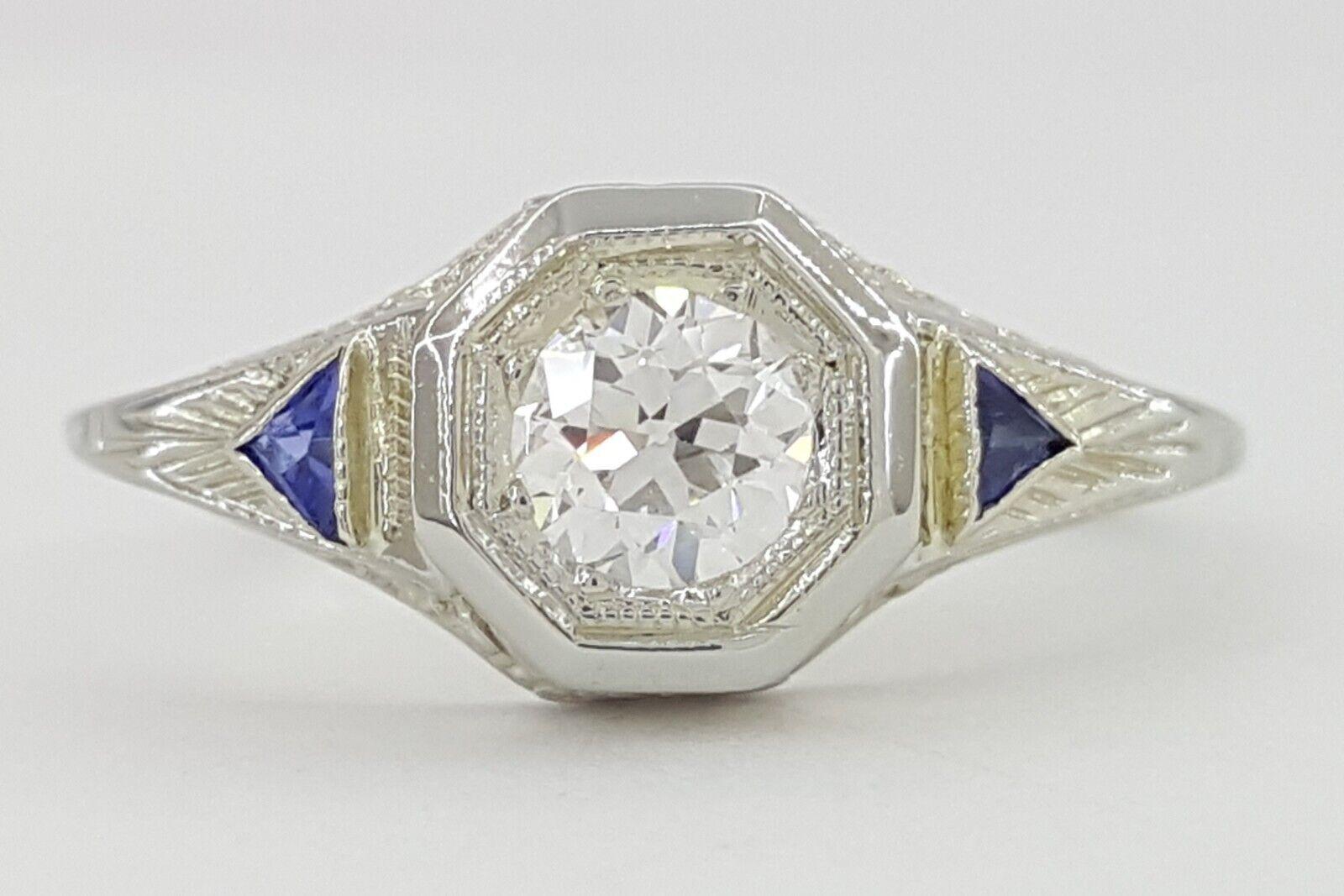 Antique Art Deco Old European Cut Diamond 0.32 ct Engagement Ring 14K White Gold