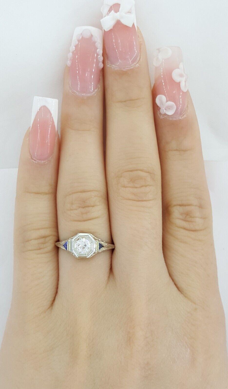 Antique Art Deco Old European Cut Diamond 0.32 ct Engagement Ring 14K White Gold