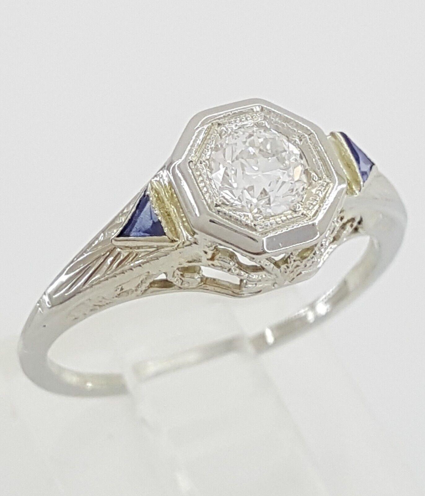 Antique Art Deco Old European Cut Diamond 0.32 ct Engagement Ring 14K White Gold