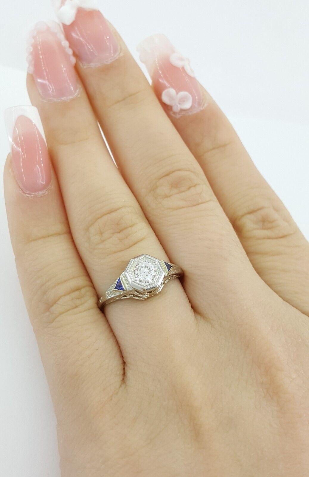 Antique Art Deco Old European Cut Diamond 0.32 ct Engagement Ring 14K White Gold