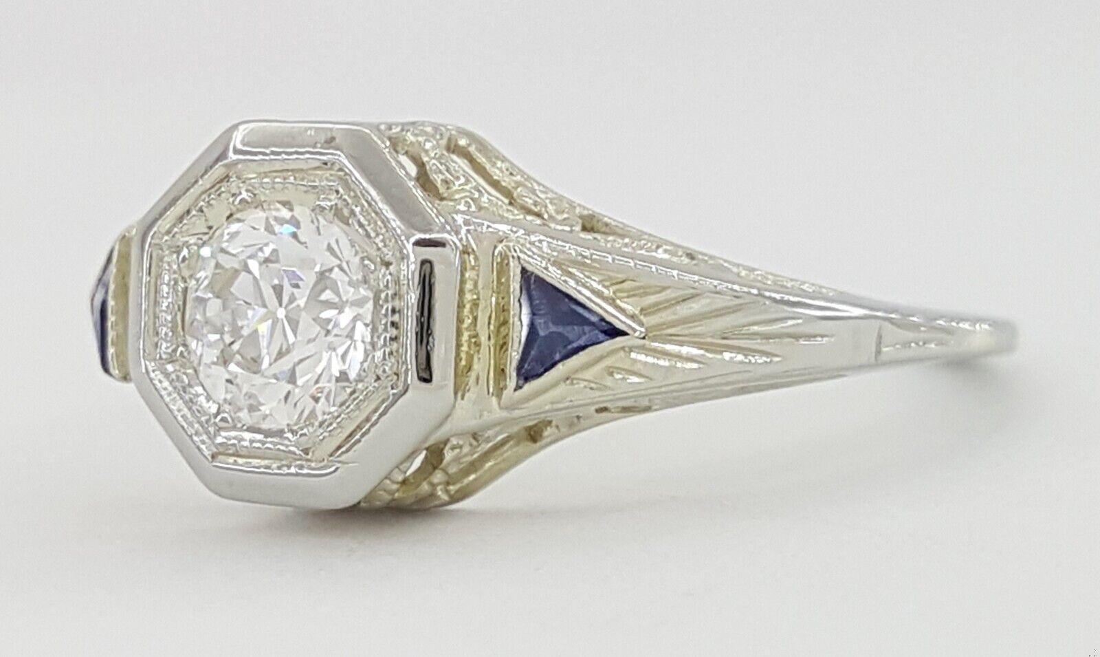 Antique Art Deco Old European Cut Diamond 0.32 ct Engagement Ring 14K White Gold