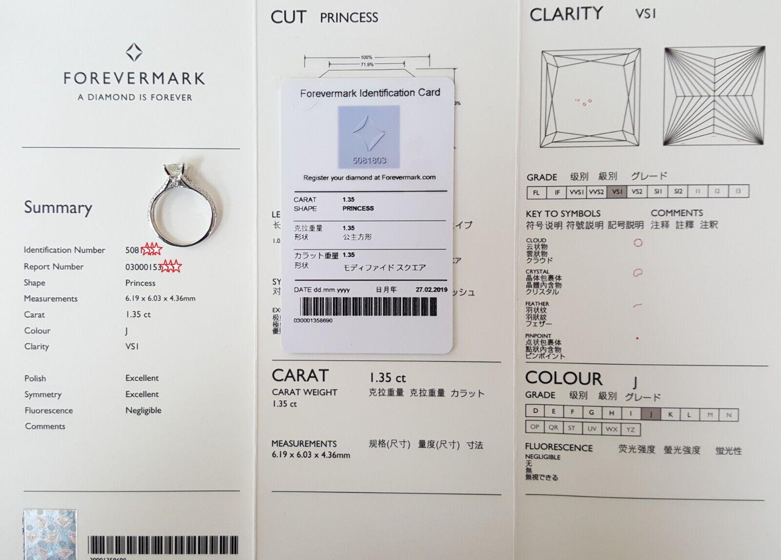 De Beers Forevermark Princess Diamond Split Shank Engagement Ring 1.59 ct 18k