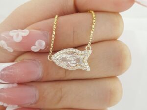 Fish Cut Diamond Halo Necklace GIA 1.85 ct 14K Yellow Gold Retail 13,500