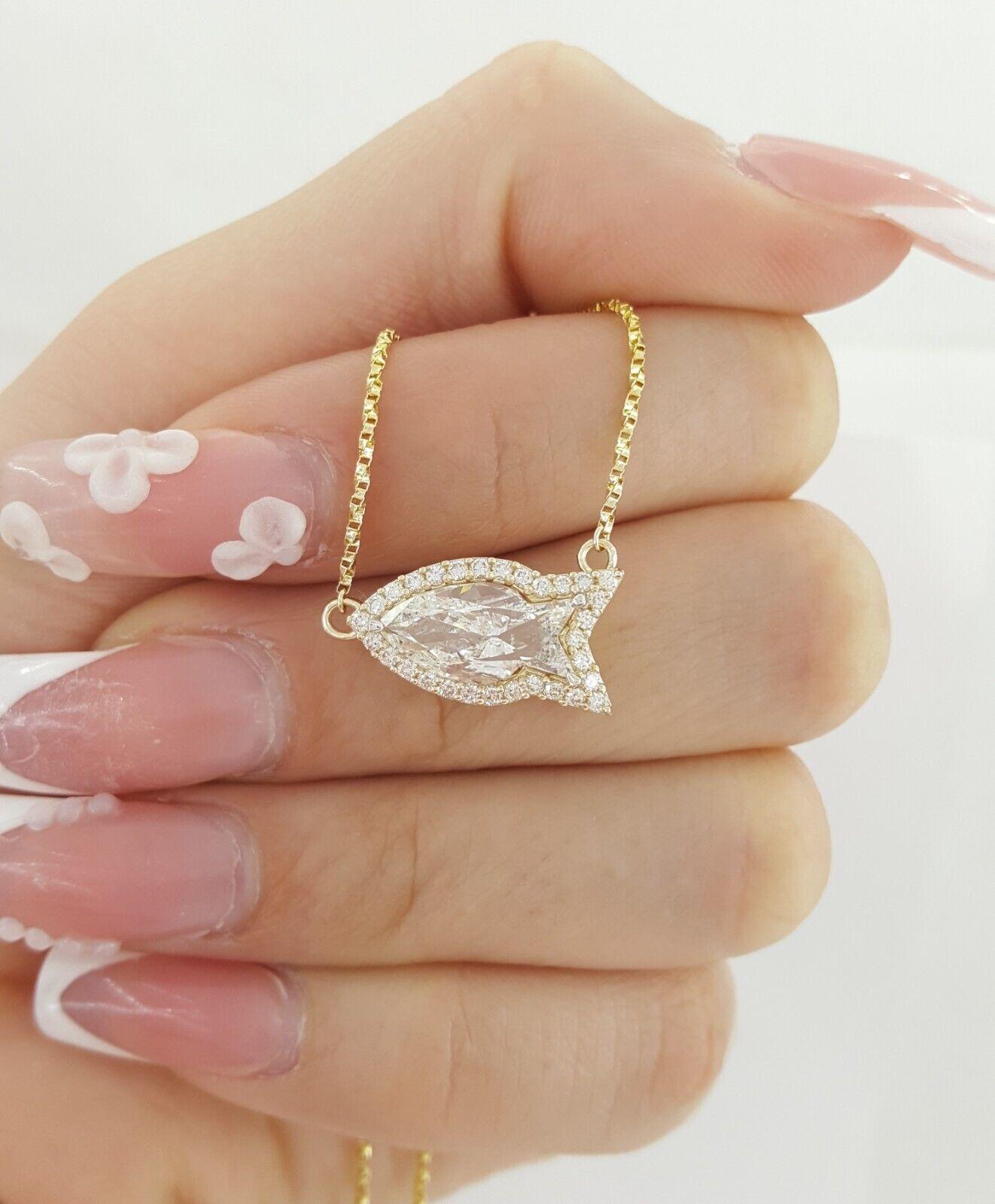 Fish Cut Diamond Halo Necklace GIA 1.85 ct 14K Yellow Gold Retail 13,500