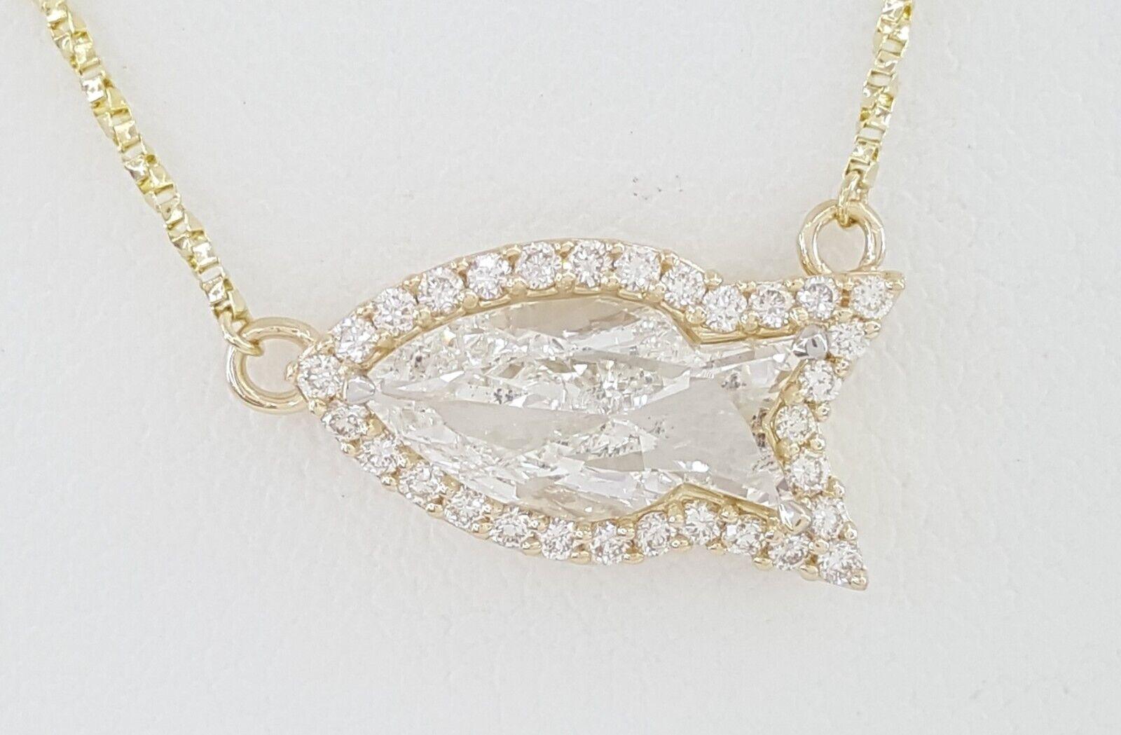 Fish Cut Diamond Halo Necklace GIA 1.85 ct 14K Yellow Gold Retail 13,500