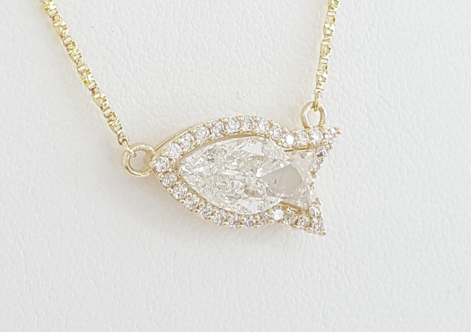 Fish Cut Diamond Halo Necklace GIA 1.85 ct 14K Yellow Gold Retail 13,500