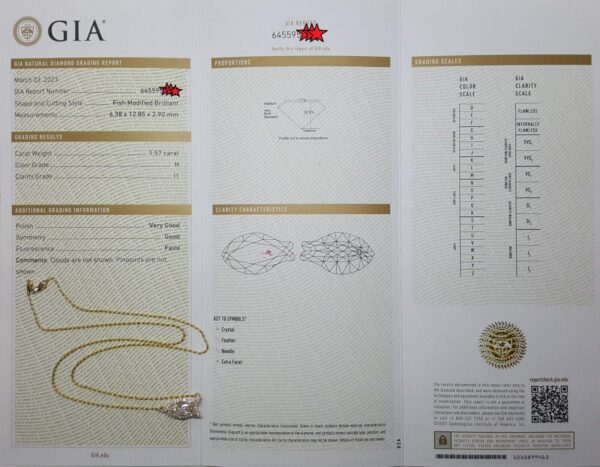 Fish Cut Diamond Halo Necklace GIA 1.85 ct 14K Yellow Gold Retail 13,500