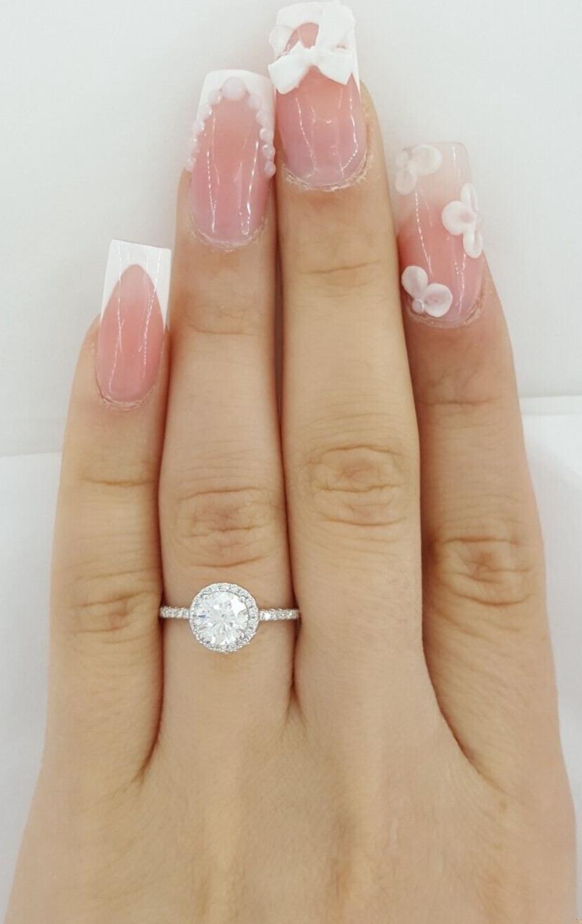 Natural Round Brilliant Diamond Halo Engagement Ring 1 ct 14k W Gold GIA Rtl 7K