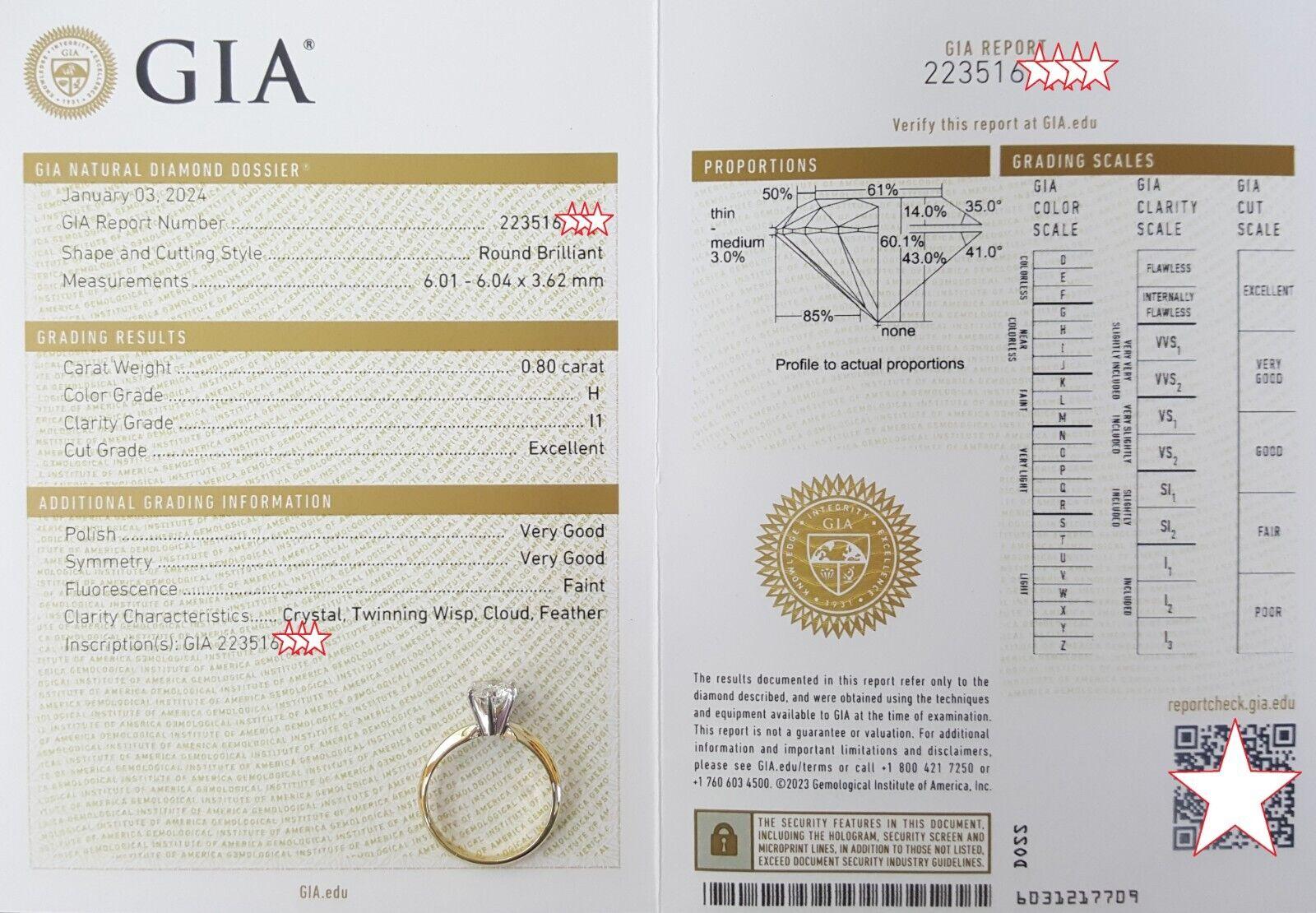 Natural Round Diamond Solitaire Engagement Ring 0.8 ct 14K Gold GIA Rtl 4,100