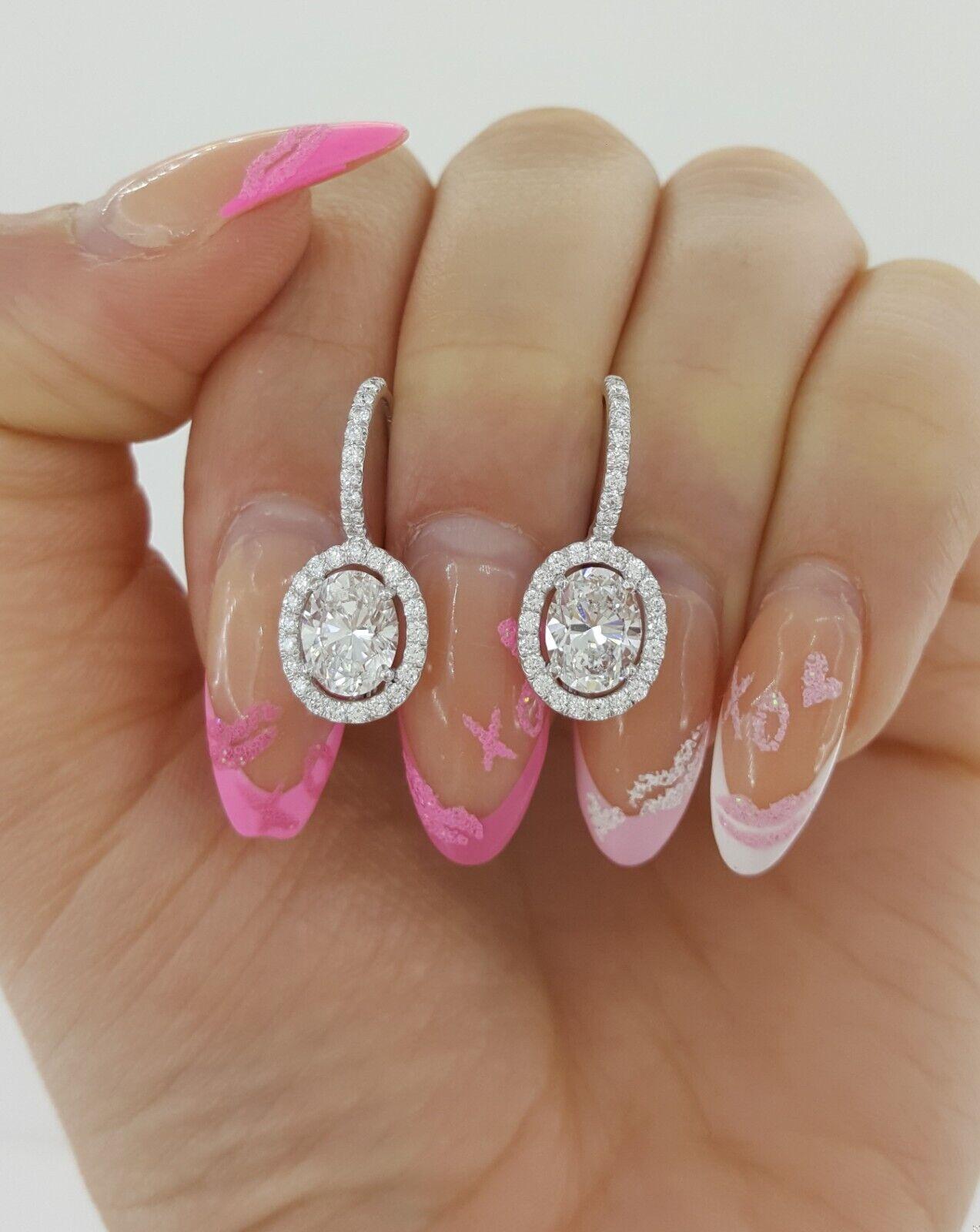 Oval Cut Diamond Drop Dangle Halo Earrings 2.66 ct Platinum GIA Retail 17K