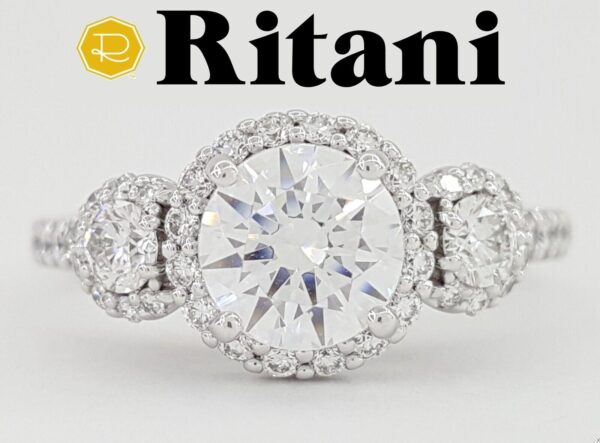 Ritani Semi-Mount 3-Stone Halo Diamond Engagement Ring 0.75 ct 18k White Gold