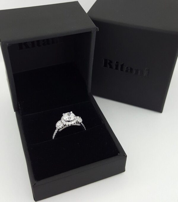 Ritani Semi-Mount 3-Stone Halo Diamond Engagement Ring 0.75 ct 18k White Gold
