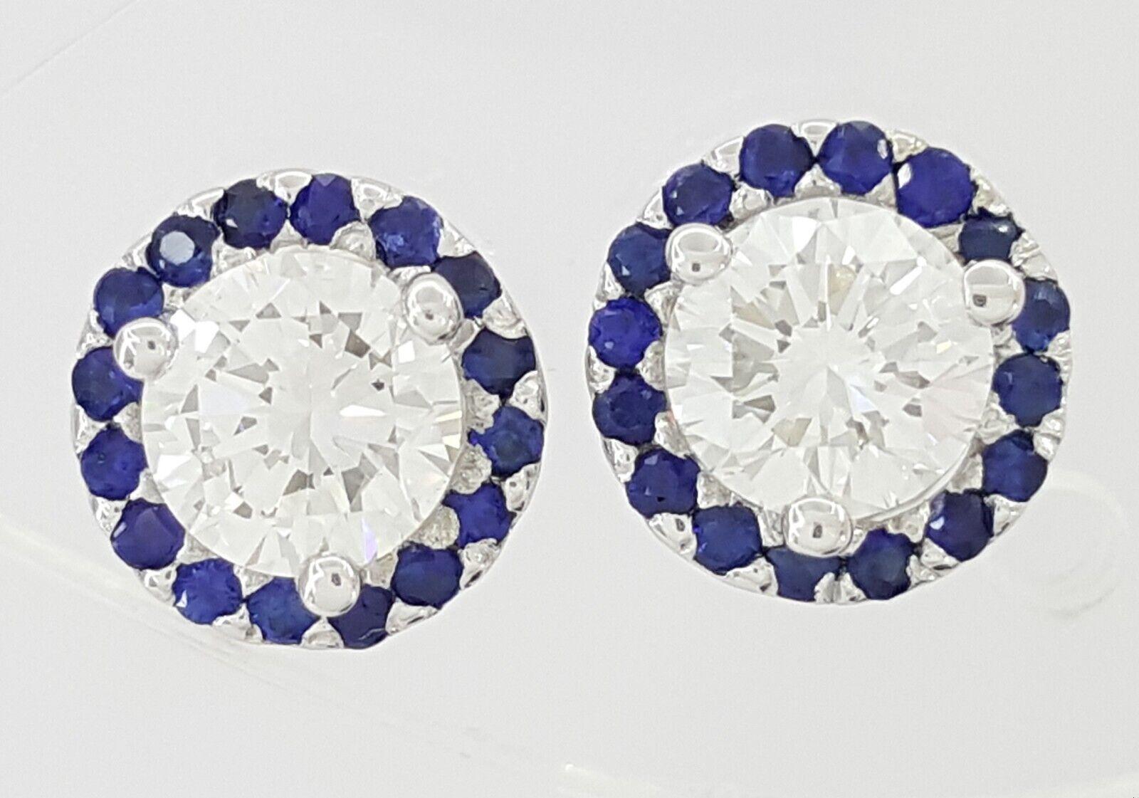 Round Cut Diamond Sapphire Halo Earrings 14k White Gold 0.9 ct Retail 2,950