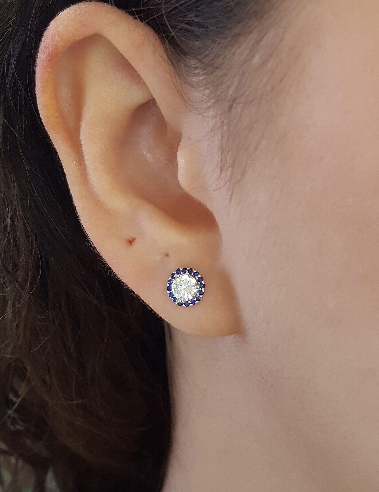 Round Cut Diamond Sapphire Halo Earrings 14k White Gold 0.9 ct Retail 2,950