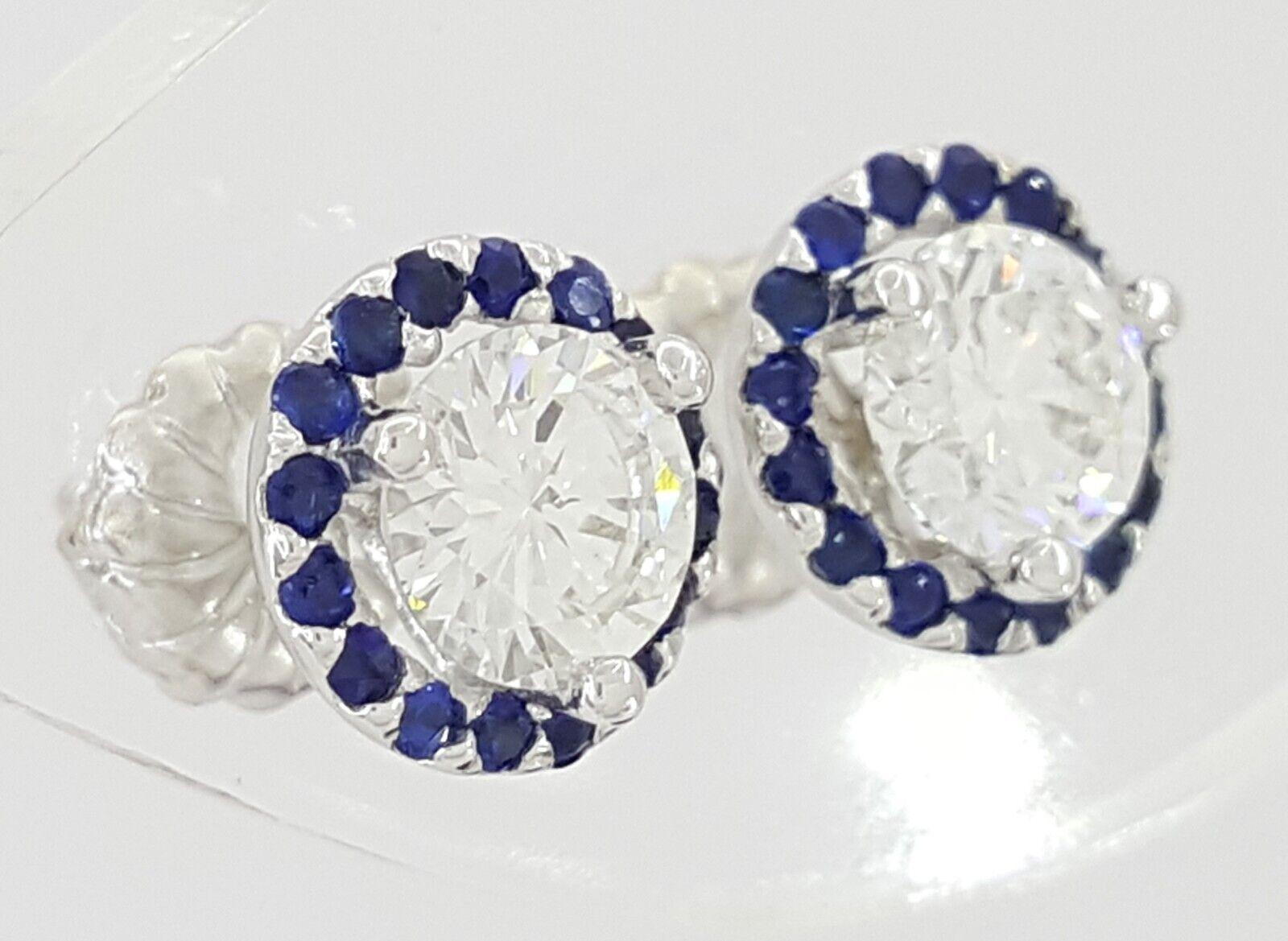 Round Cut Diamond Sapphire Halo Earrings 14k White Gold 0.9 ct Retail 2,950