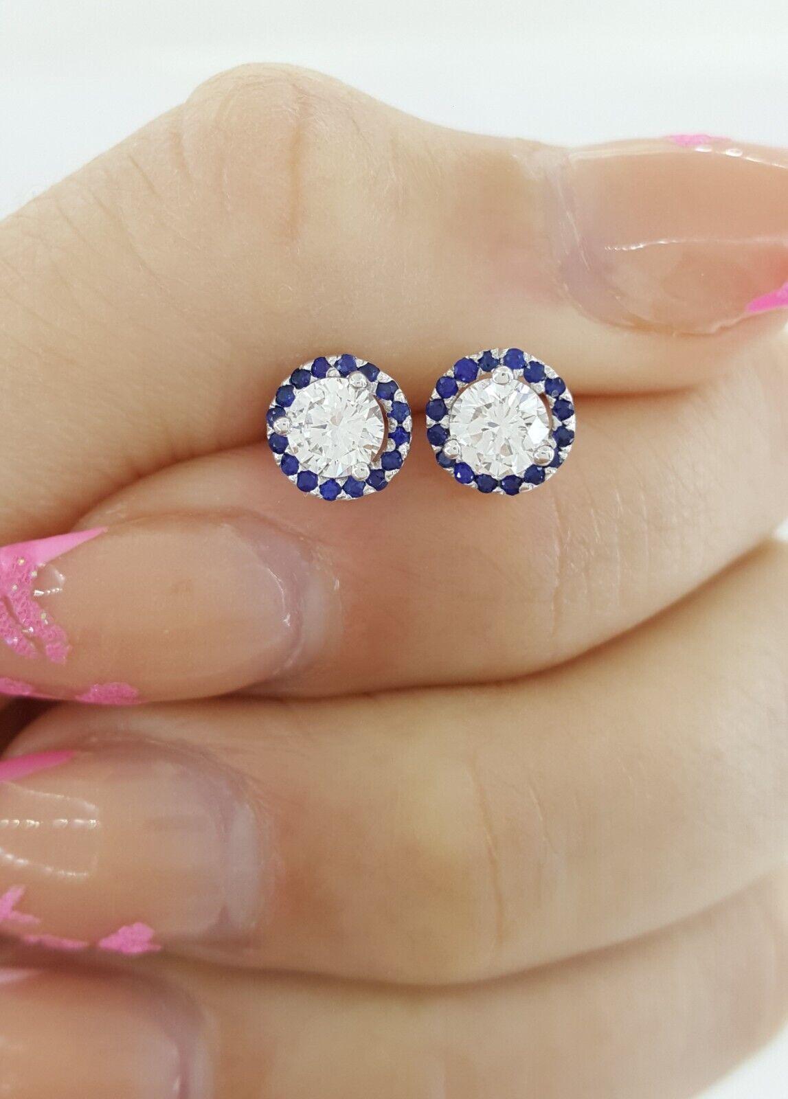 Round Cut Diamond Sapphire Halo Earrings 14k White Gold 0.9 ct Retail 2,950