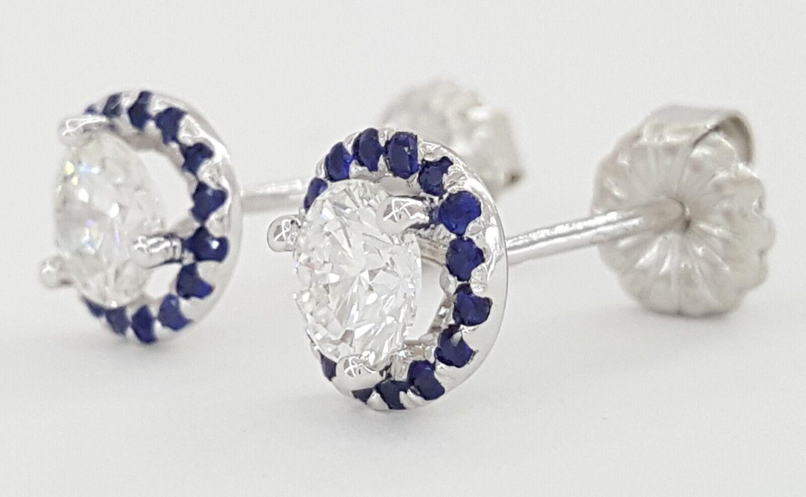 Round Cut Diamond Sapphire Halo Earrings 14k White Gold 0.9 ct Retail 2,950
