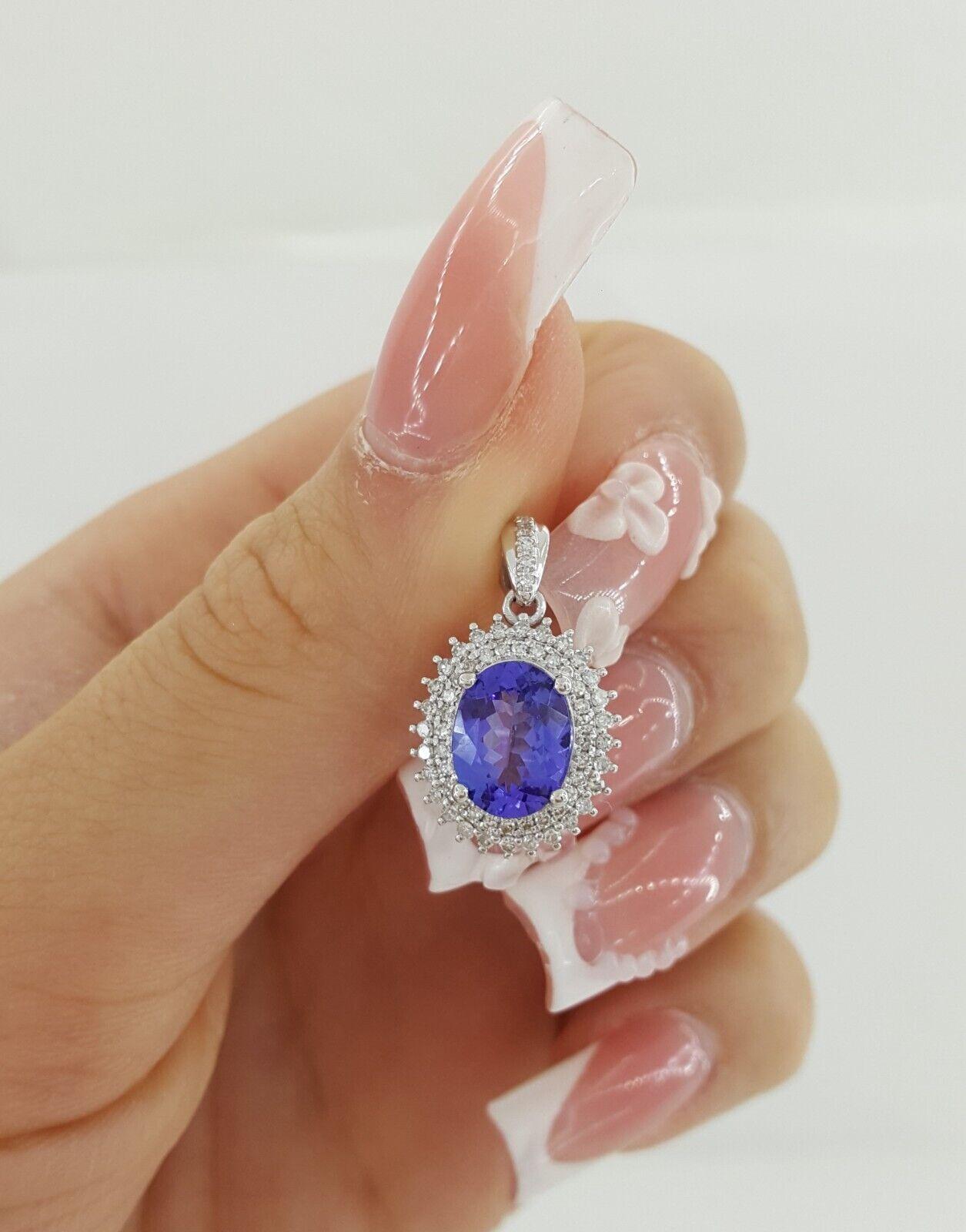 Tanzanite & Diamond Double Halo Oval Pendant 2.1 ct 14K White Gold Rtl 1,995