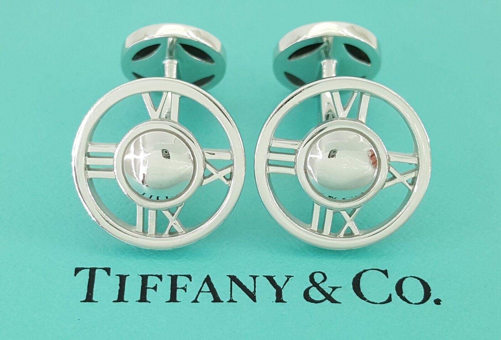 Tiffany & Co Atlas Roman Numerals Round Cufflinks 18k White Gold Italy 14 Grams