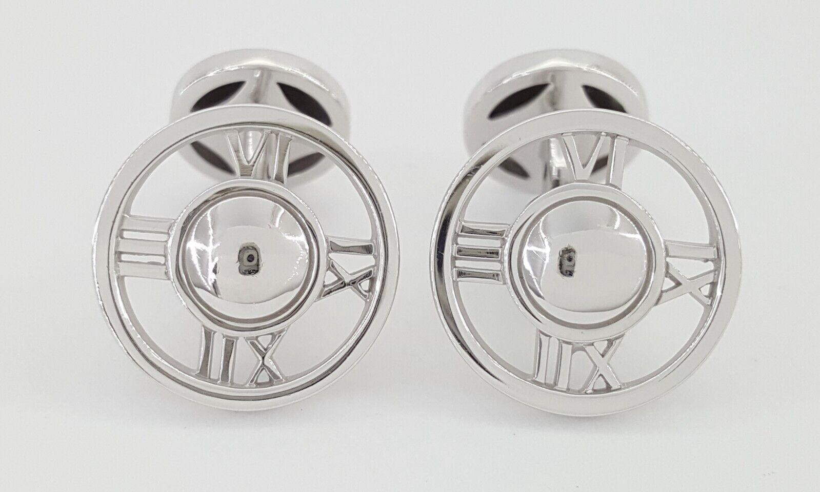 Tiffany & Co Atlas Roman Numerals Round Cufflinks 18k White Gold Italy 14 Grams