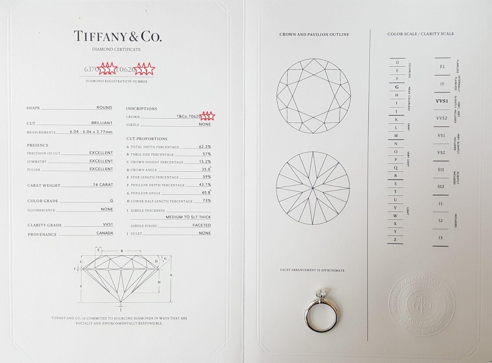 Tiffany & Co Round Diamond Solitaire Platinum Engagement Ring 0.74 ct Rtl 10.6K