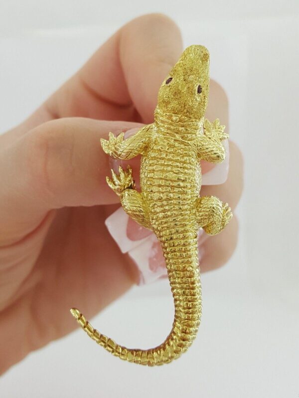 Vintage Alligator Brooch Pin 18K Yellow Gold Ruby Eyes 24.2 grams ~2.5"