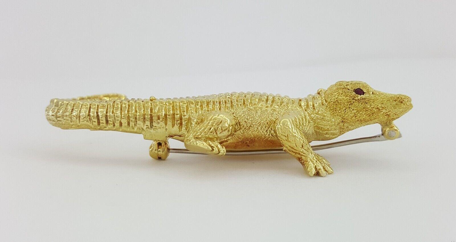 Vintage Alligator Brooch Pin 18K Yellow Gold Ruby Eyes 24.2 grams ~2.5"