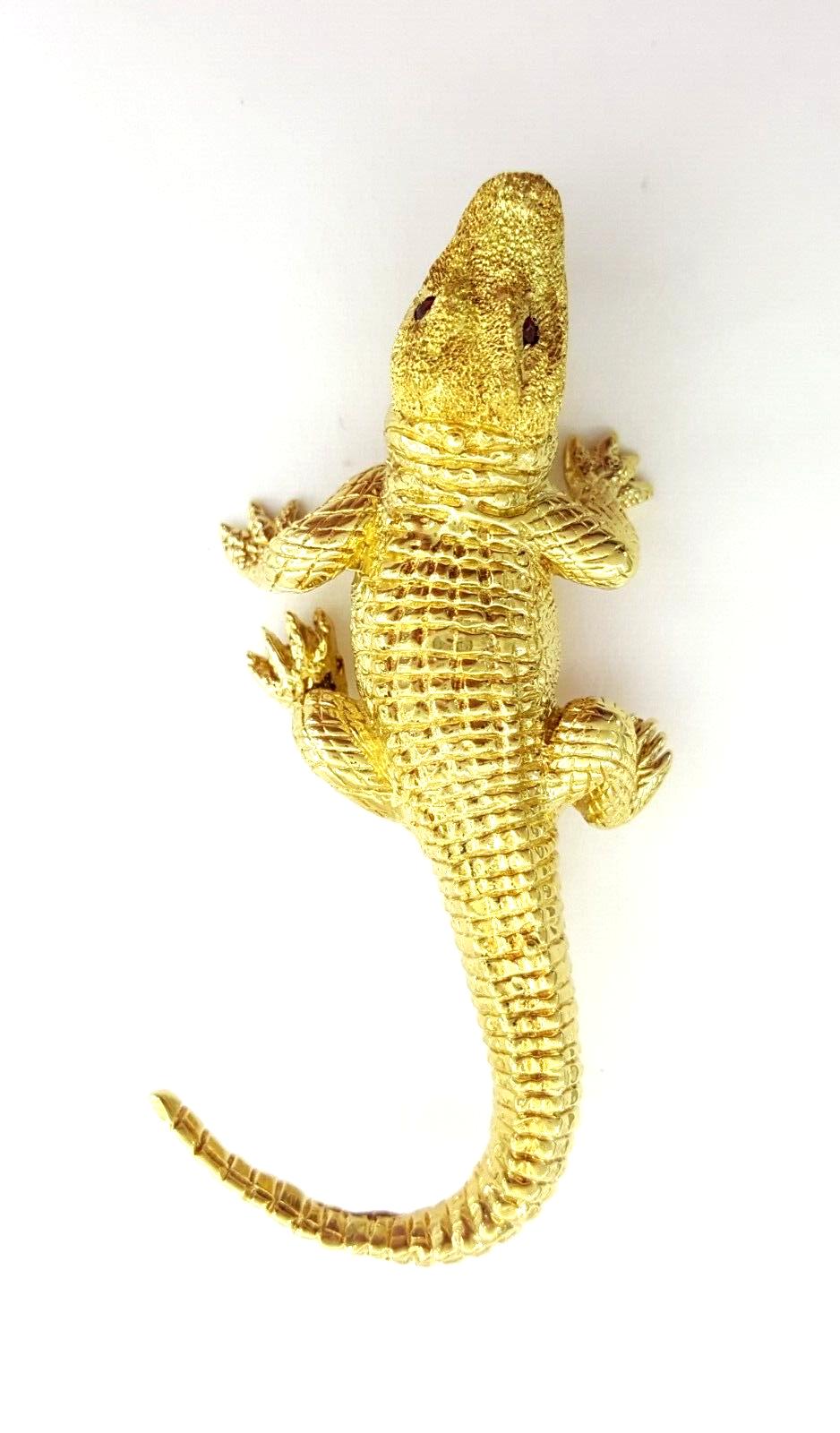 Vintage Alligator Brooch Pin 18K Yellow Gold Ruby Eyes 24.2 grams ~2.5"