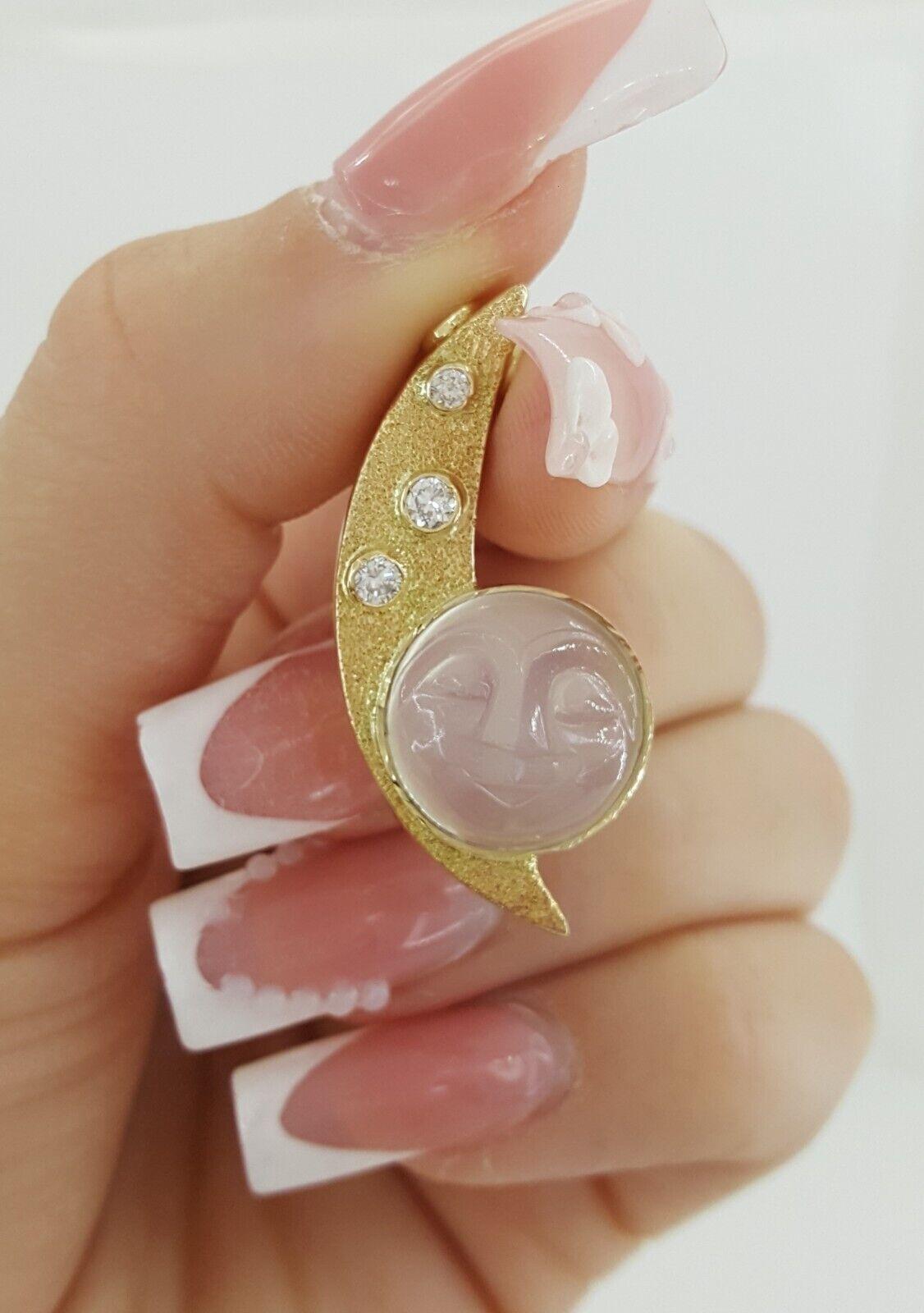 Vintage Diamond & Moonstone Man on The Moon Pendant 0.2ct 14K Yellow Gold 5.4 Gr