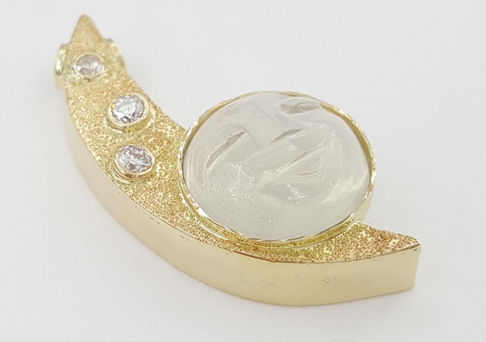 Vintage Diamond & Moonstone Man on The Moon Pendant 0.2ct 14K Yellow Gold 5.4 Gr