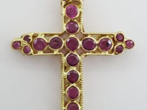 Vintage Round Ruby Reversible Cross Pendant 18k Yellow Gold ~1.7 ct 1.25"
