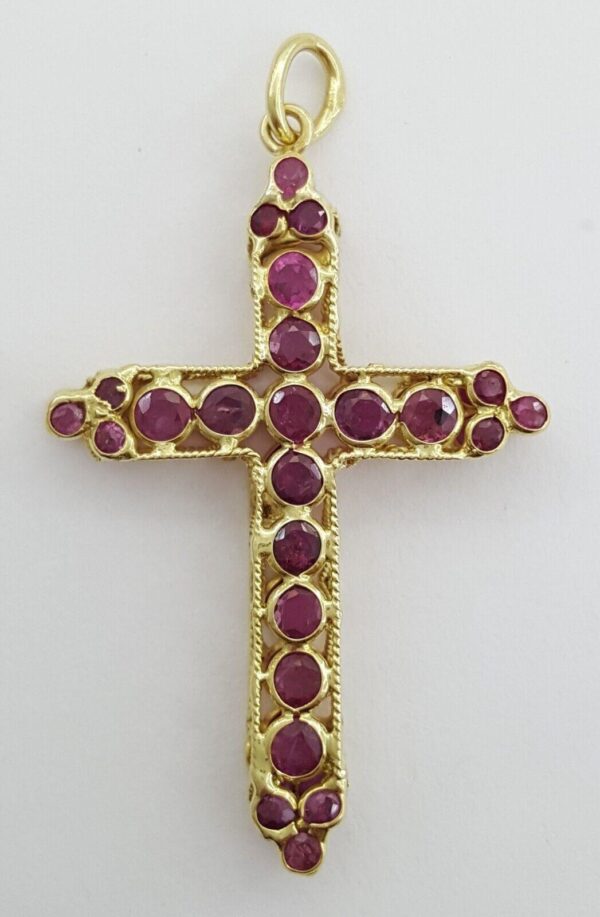 Vintage Round Ruby Reversible Cross Pendant 18k Yellow Gold ~1.7 ct 1.25"