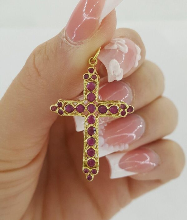 Vintage Round Ruby Reversible Cross Pendant 18k Yellow Gold ~1.7 ct 1.25"