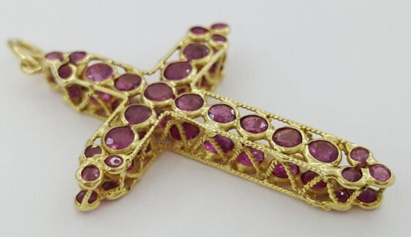 Vintage Round Ruby Reversible Cross Pendant 18k Yellow Gold ~1.7 ct 1.25"