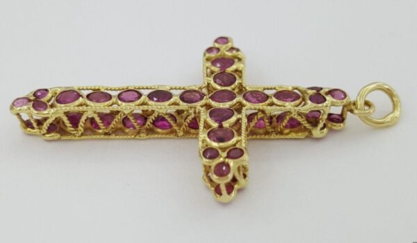 Vintage Round Ruby Reversible Cross Pendant 18k Yellow Gold ~1.7 ct 1.25"
