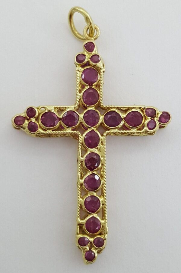 Vintage Round Ruby Reversible Cross Pendant 18k Yellow Gold ~1.7 ct 1.25"