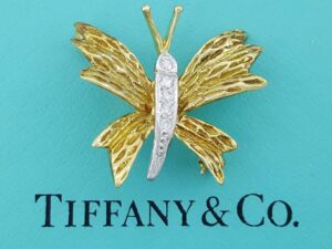 Vintage Tiffany & Co Diamond Butterfly Brooch Pin 0.09 ct 18k Yellow Gold Plat