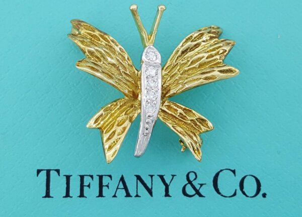 Vintage Tiffany & Co Diamond Butterfly Brooch Pin 0.09 ct 18k Yellow Gold Plat