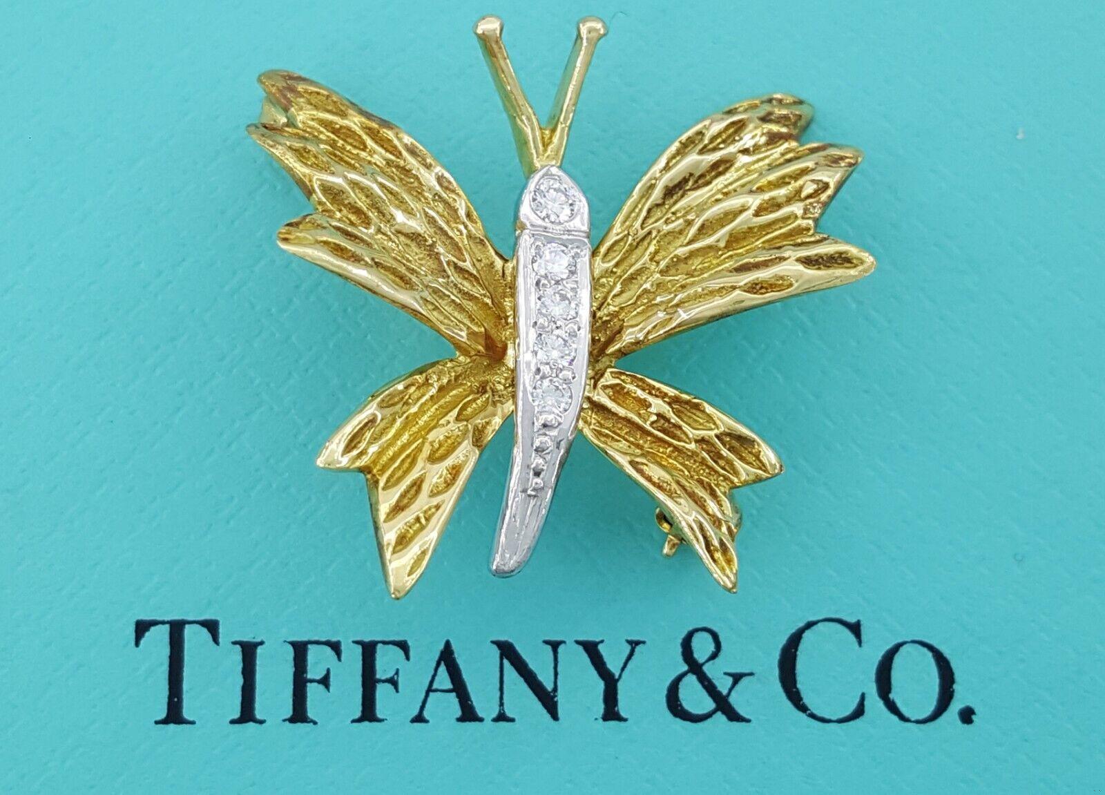 Vintage Tiffany & Co Diamond Butterfly Brooch Pin 0.09 ct 18k Yellow Gold Plat