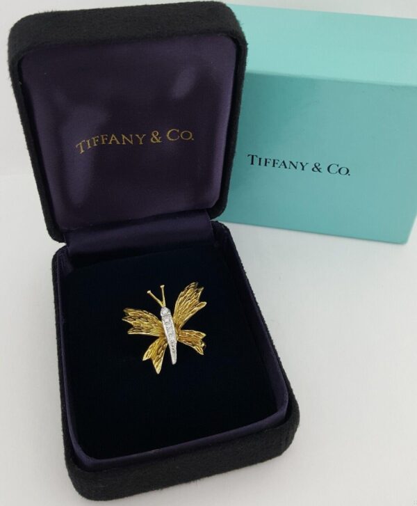 Vintage Tiffany & Co Diamond Butterfly Brooch Pin 0.09 ct 18k Yellow Gold Plat