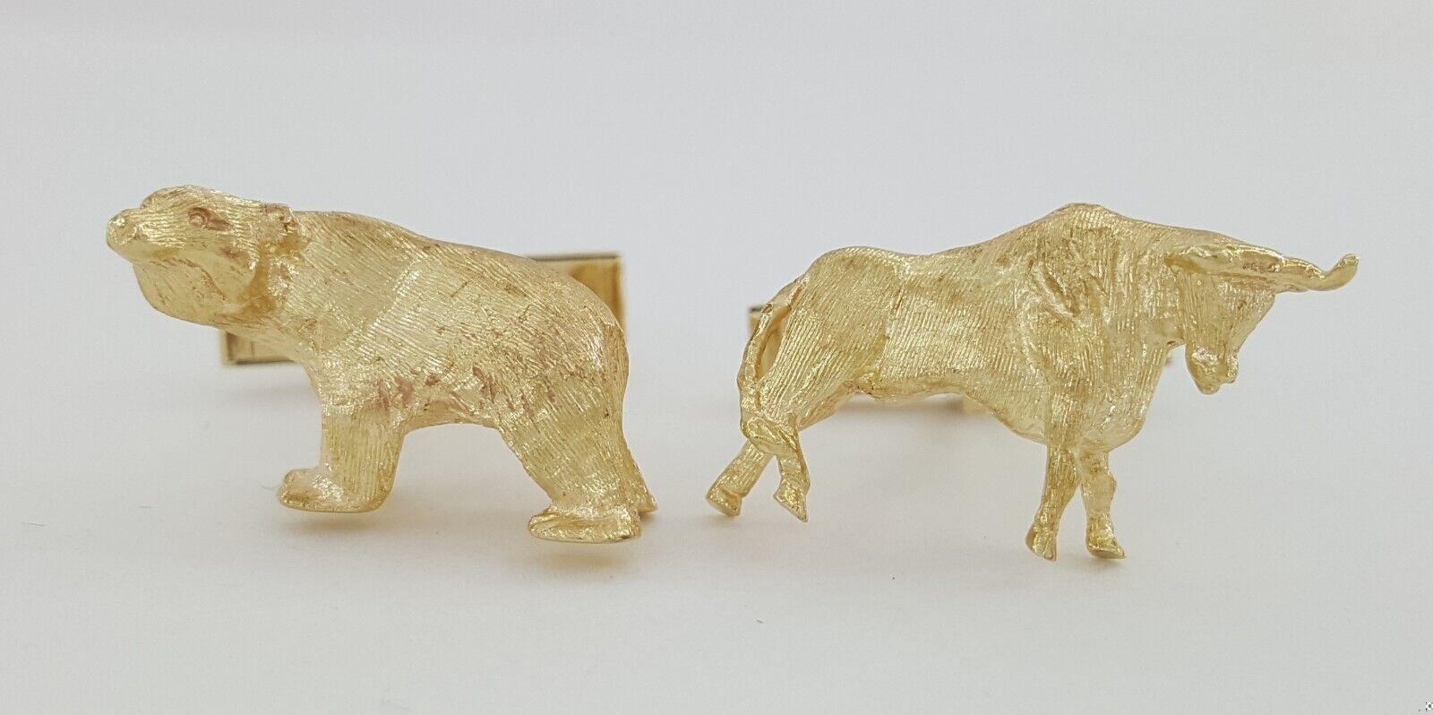 Wall Street Stock Market Bull & Bear Cufflinks Solid 14k Yellow Gold 16.9 Grams